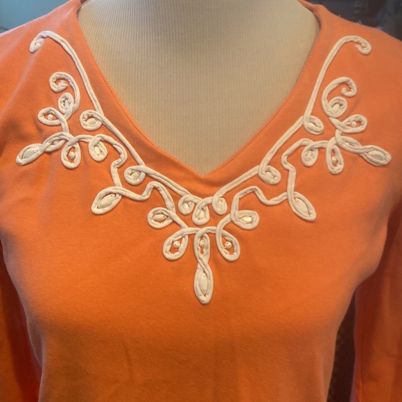 Rafaella Orange Long Sleeve Top with Scrolling at Neckline - Picture 2 of 5